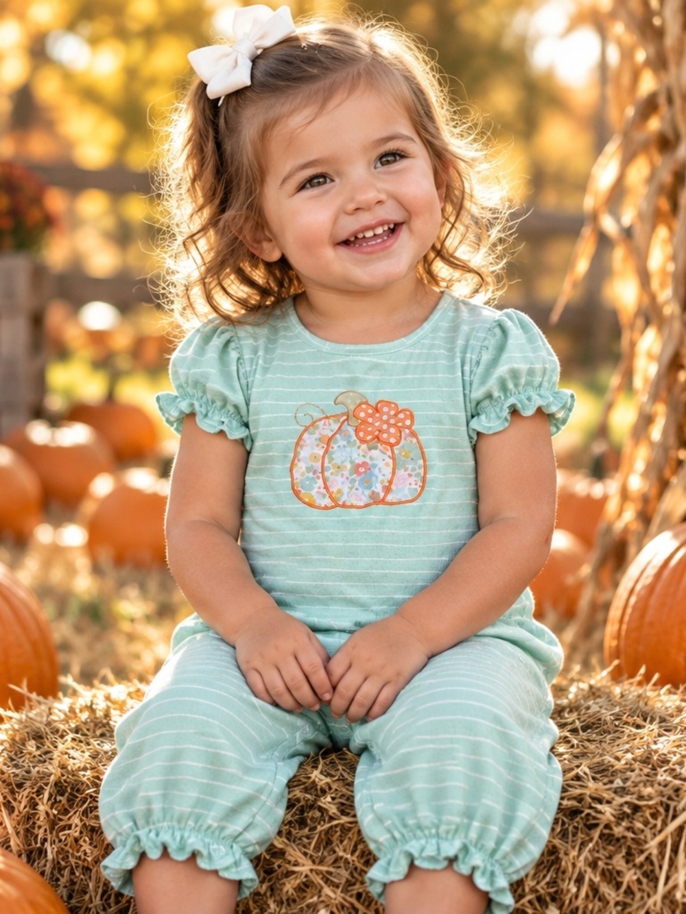 Girls' Mint Striped Pumpkin Patch Matching Set - Cute Fall Outfit